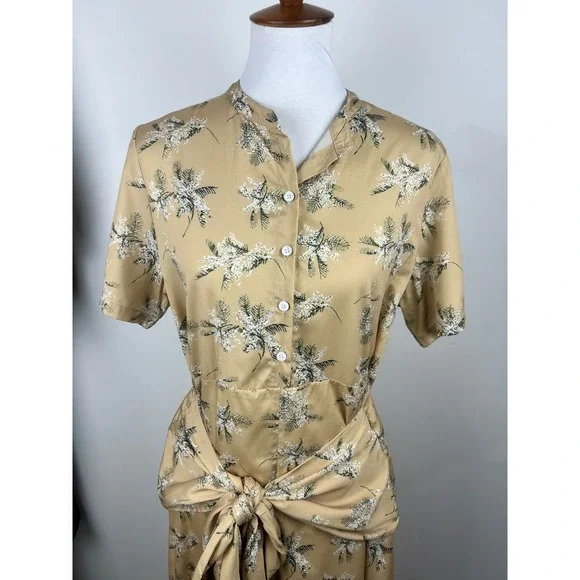 Caara Yellow Floral Tie-Waist Midi Dress Medium Spring Picnic Chic Cottagecore M - Picture 10 of 14